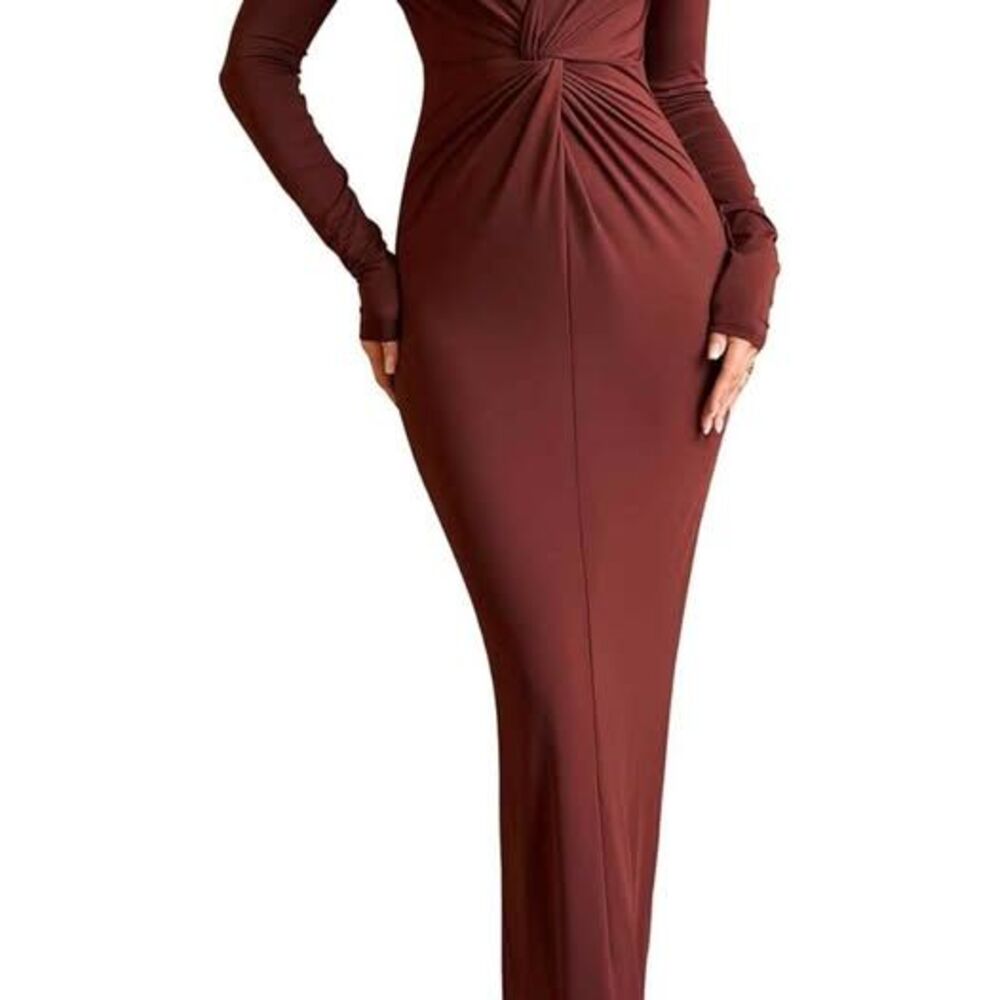 HTZMO Women Long Sleeve Bodycon Maxi Dress Sexy Deep V Neck Ruched Wedding Guest